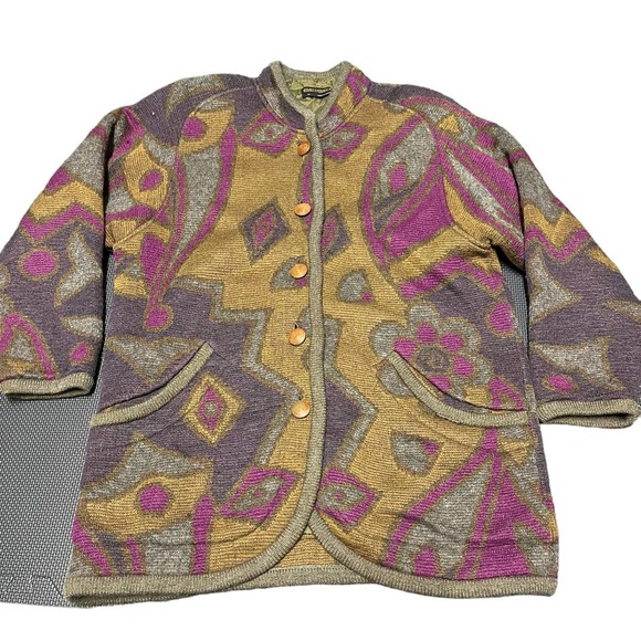 Vintage Geiger Collection Sweater Jacket Coat size 40 Patchwork Floral Wool - Picture 1 of 9